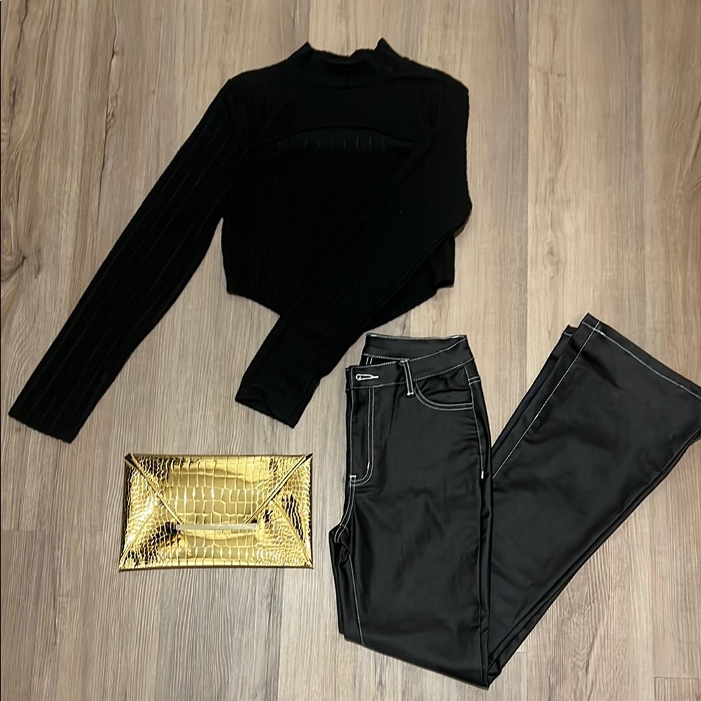 Black Long Sleeve Top and Pants with Gold Clutch